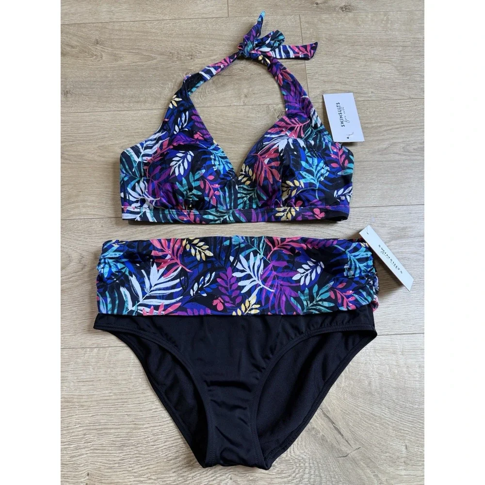 NWT Womens Swimsuits For All Bikini Top And Bottom Set‎ Halter Tropical Size 10